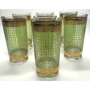 7 Vintage Culver Green Basket Weave Gold Trimmed HighBall Glasses - Picture 1 of 9