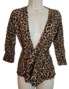 Cache Metallic Leopard Print Open Front Top Chain Tie Waist 3/4 Sleeve Size XS - Picture 1 of 3