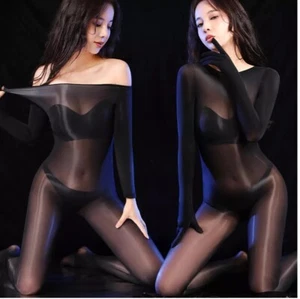 Unisex Aceite Brillante Transparente Body Brillante Sin Costuras Bodystocking Mono con Guantes - Imagen 1 de 24