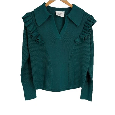 Hyacinth House Womens Casey Collared V Neck Sweater XS Teal Ruffled Preppy Boho - Image 1 of 4