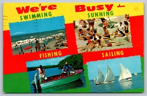 Vintage We're Busy Swimming Sunning Fishing Sailing Postcard K11530 - Picture 1 of 2