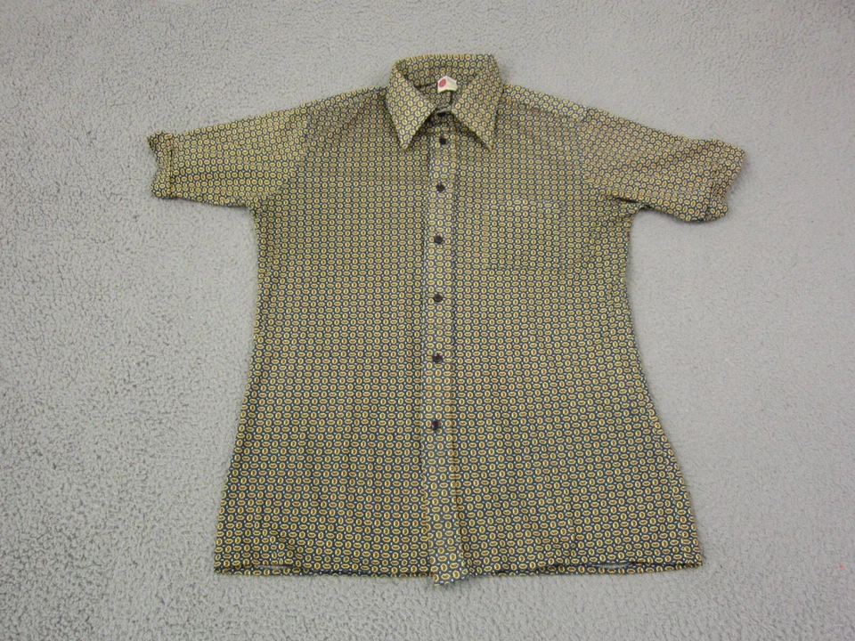 Vintage Sears Shirt Mens Large Blue Yellow Paisley 70s Big Collar Disco Poly - Image 1 of 4