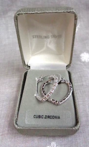 Estate Jewelry ~ .925 Sterling Silver CZ Rhinestone HEART Pierced Hoop Earrings - Picture 1 of 9