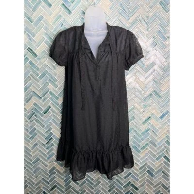 VESTIDO ANTIGUO AZUL MARINO NEGRO HASTA LA RODILLA MANGA CORTA FLUIDO TRANSPARENTE PUNTEADO FORRADO SUIZO SM Foto 1 de 4