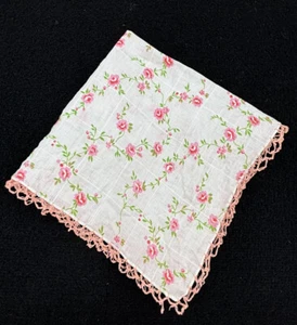 Pink Rose Pattern Pink Lace Edge Handkerchief Hanky 11" - Picture 1 of 6