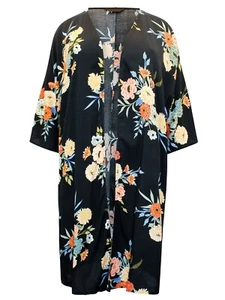 EX Curve Black Floral Print Longline Kimono Sizes 14/16, 18/20, 26/28 - Picture 1 of 3