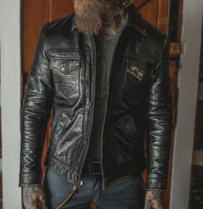 Mens Black Distressed Leather Trucker Jacket, Leather Jacket - Picture 1 of 4