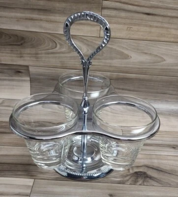 Vintage Irvinware 3 Section Rotating Condiment Serving Stand Chrome Glass USA  - Image 1 of 4