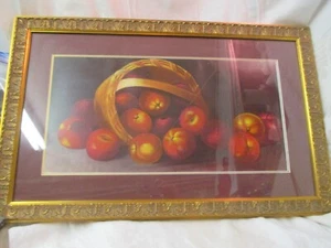 Antique Lithograph Chromolitho Still Life Apples in Basket signed LeRoy - Picture 1 of 5