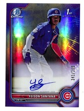 2022 Bowman Chrome Yeison Santana 241/250 Auto Purple Refractor Card Cubs