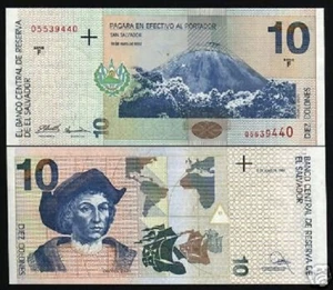 EL SALVADOR 10 COLONES P-148 1997 VOLCANO SHIP COLUMBUS UNC LATINO CURRENCY NOTE - Picture 1 of 5