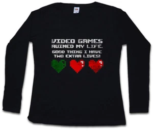 VIDEO GAMES RUINED MY LIFE DAMEN LANGARM T-SHIRT Two Extra Lives Gamer Fun - Picture 1 of 1