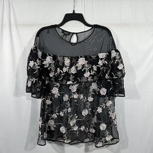 NEW $120 Alfani [ 2X ] Embroidered Ruffle Illusion Top in Black Purple #T1278 - Picture 1 of 12