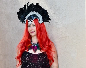 New Genuine Feather Carnival Headdress Showgirl Black Silver Headwear - Picture 1 of 6