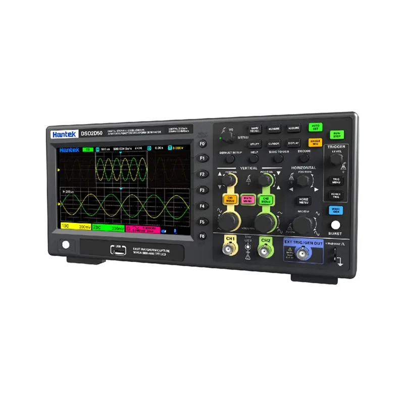 Hantek Digital Storage Oscilloscope 2CH 200Mhz-500Mhz +1CH 25MHZ Signal Source - Image 1 of 4