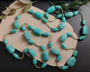 Chunky! Slag GLASS Theresa Goodall(?) Teal Blue Beaded 44" Hand Knotted Necklace - Picture 1 of 8