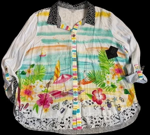 John Mark 2X White/Colorful BEACH DOGS Button-Front Tunic Blouse CUTE NEW - Picture 1 of 16
