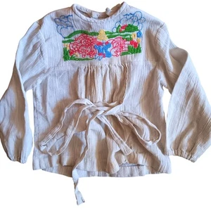 Sz 6 Vintage 70's Peasant Top Girls White Embroidered Belt Textured Cotton Hippy - Picture 1 of 8