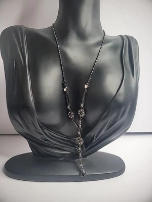 Collar Cadena Negra De Colección Gota Y Cristales Negros Blancos Joyería Disfraz Foto 1 de 4