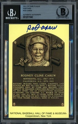 Rod Carew Autographed Signed HOF Plaque Postcard Minnesota Twins Beckett - Image 1 of 2