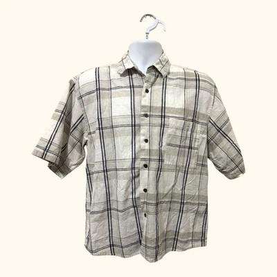 Bruno Mens Linen Blend Geo Pattern Button Shirt Size M Cream Oversize Flaw - Image 1 of 4