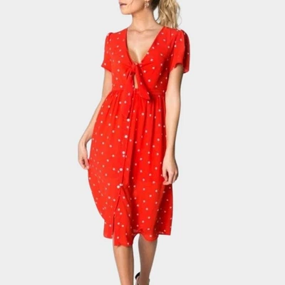 Vestido para mujer EVERLY a lunares con corbata frontal rojo talla S Foto 1 de 4