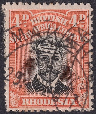 Rhodesia 1913 KGV Admiral 4d Black + Pale Or-Red Die II p14 Used SG225b MAKAHA - Image 1 of 2