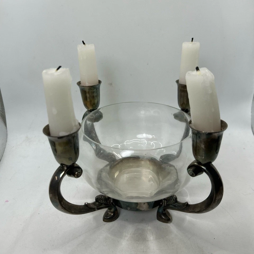 Candelabro Reed & Barton en muy buena condición estilo años 90 cuatro candelabros cuenco de vidrio elegante Foto 1 de 4