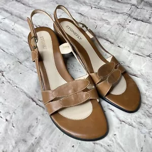 StoneFly Sandals Size 9 UK Brown Leather Wedge Slingback Strap Peep Teo Heels - Picture 1 of 7