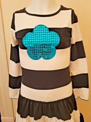 dollie & me Black & White Striped Teal Sequin Flower Design Dress Girl's Size 10 - Image 1 of 4