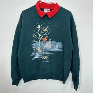 Vintage rot Kardinal Oma Kragen grün Sweatshirt Größe Large Vogelbeobachtung Winter - Bild 1 von 5