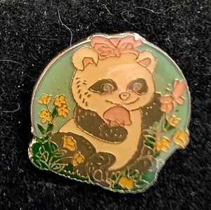 Vintage Enamel Panda Bear with Pink Bow Flowers Hat Pin Size 1" L x 3/4" W - Picture 1 of 1