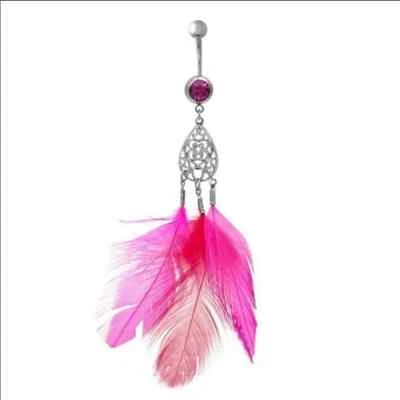 Body Vibe  Triple Feather Teardrop Dangle Pink Gem Navel Ring - Image 1 of 4