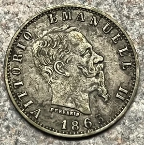 Crusty And Original With XF+ Details On This 1863 Italy Silver 20 Centesimi - Picture 1 of 4