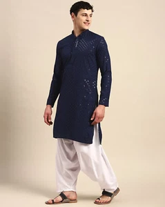 Blue Embroidered sequins Chikenkari Kurta With Salwar For Men - Picture 1 of 6