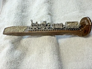 Vintage Railroad Spike with Affixed Miniature Pewter Coal Train & Pyrite Sparkle - Picture 1 of 10