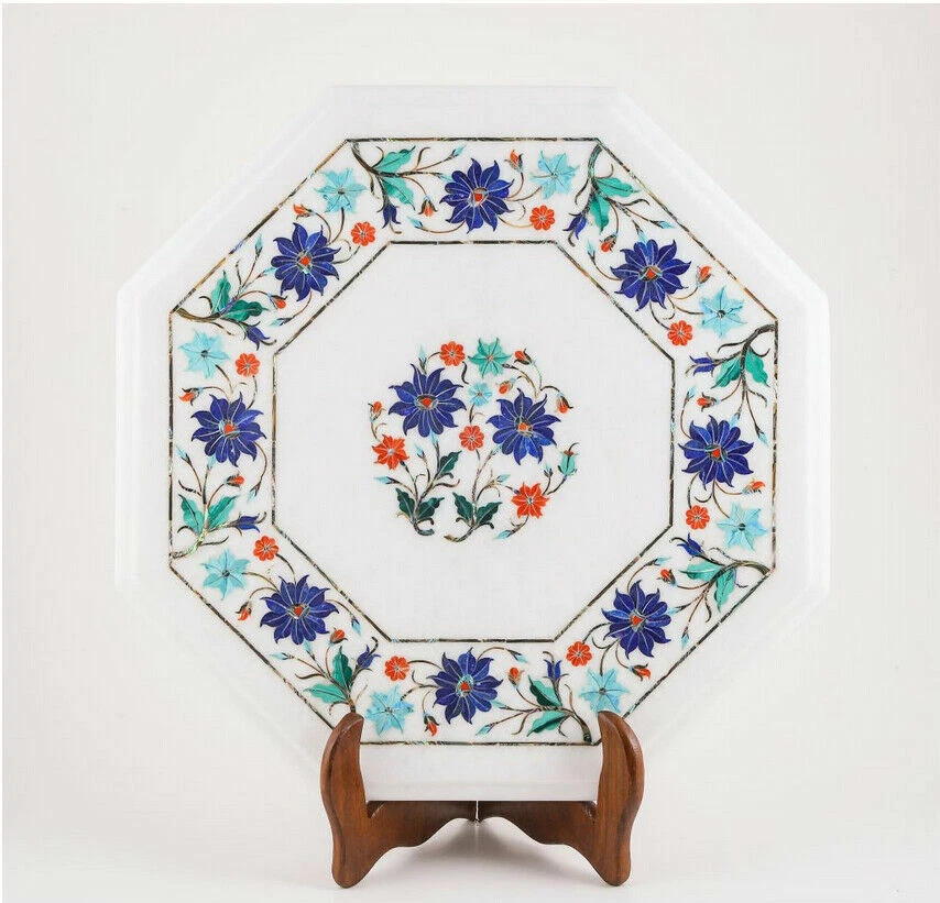 12" Corner Marble Table Top Handmade Semi Precious Stones Floral Inlay Work - Image 1 of 1