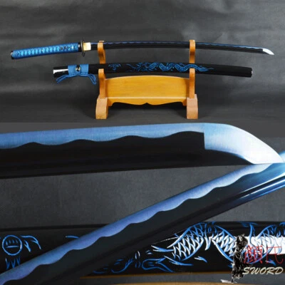 Noble Blue Japanese Samurai Katana Carbon Steel Full Tang Sharp Dragon Sword - Image 1 of 4