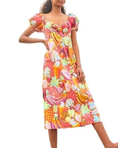 Farm Rio Fruit Salad Print Cotton Puff Sleeve Maxi Dress With Pockets M NWT  - Picture 1 of 17