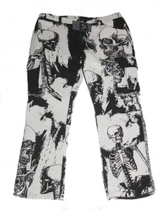 REBEL Skeletons Flowers Thick Tapestry 7-Pkt Clay Black Fringed Pants Men's NWT - Picture 1 of 1
