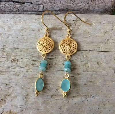 Chalzedon  Amazonit Ohrringe,Silber 925  Schmuck Blume des Lebens, vergoldet - Bild 1 von 4