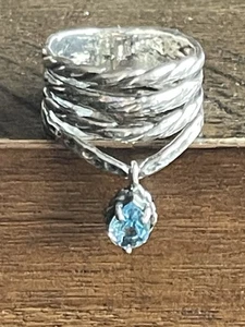 PZ 925 Silver Teardrop Blue Topaz Charm Ring Size 8 - Picture 1 of 10