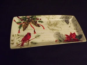 new 222FIFTH CHRiSTMaS TRAY PLATTER cardinal pinecones poinsettiea 13.25x6.75" - Picture 1 of 5