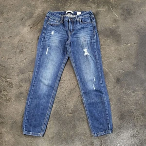 Eunina Jeans Tag 28 Mid Rise Skinny Distressed Blue Dark Denim Stretch - Picture 1 of 10