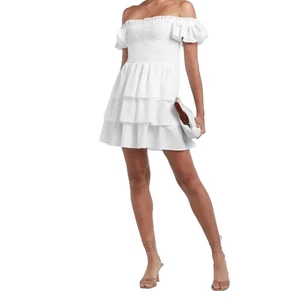 NWT EXPRESS White Smocked Stretch Short Sleeve Ruffle Lined Dress Size L - Picture 1 of 9
