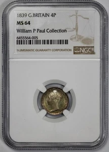 1839 Great Britain Silver 4 Pence NGC MS 64 Toned - Picture 1 of 4