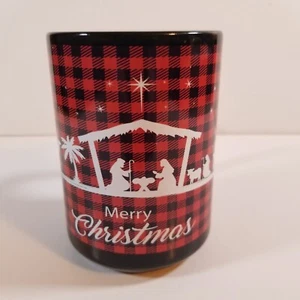 Kaffeebecher Frohe Weihnachten rot kariert auf schwarz Becher Jesuskind Weise gewickelt - Bild 1 von 4