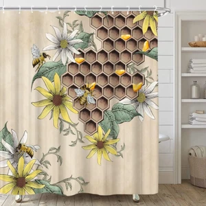 Bee Shower Curtain Vintage Country Animals Honeycomb Honey Daisy Sun - Picture 1 of 12