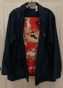 Chico’s Design Jacket Size 2 (XL-16) Denim Dark Blue W/RedOriental Lined Print - Picture 1 of 16