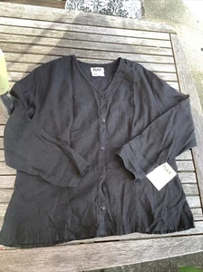 Flax L Black 100% Linen Lagenlook I Am Happy Relaxed Pockets Top New - Picture 1 of 10